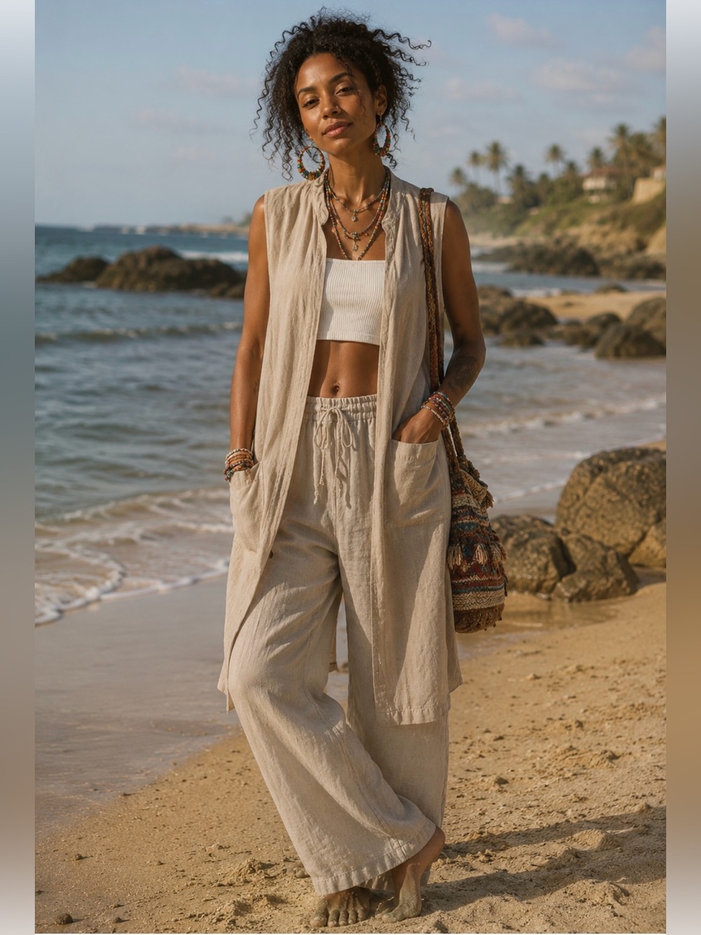 Sleeveless Linen Blend Duster Vest in Beige